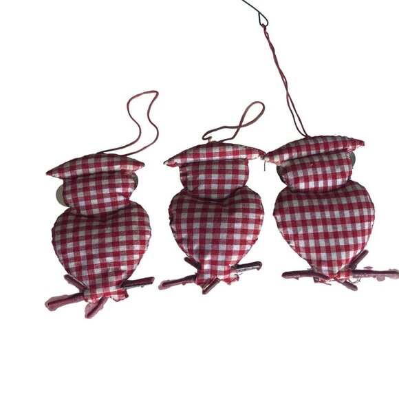 Vintage Handmade Gingham Owl Ornaments Set of 3 Sequins Beads Red White Gingham - Picture 4 of 5